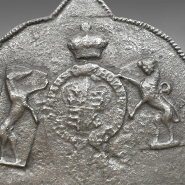Tudor Revival Cast Iron Fire Back, Royal Crest, Lion, Greyhound, Victorian c1890 - London Fine Antiques