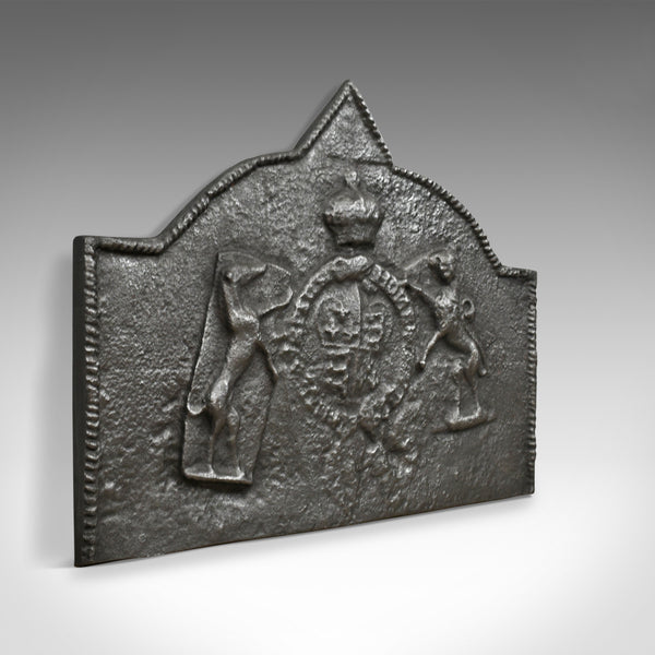 Tudor Revival Cast Iron Fire Back, Royal Crest, Lion, Greyhound, Victorian c1890 - London Fine Antiques