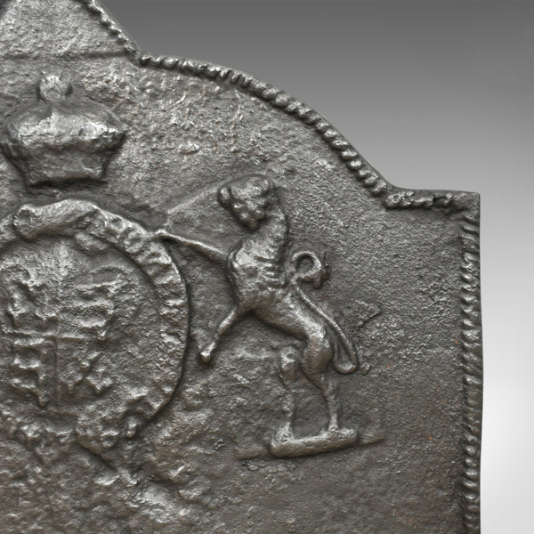 Tudor Revival Cast Iron Fire Back, Royal Crest, Lion, Greyhound, Victorian c1890 - London Fine Antiques