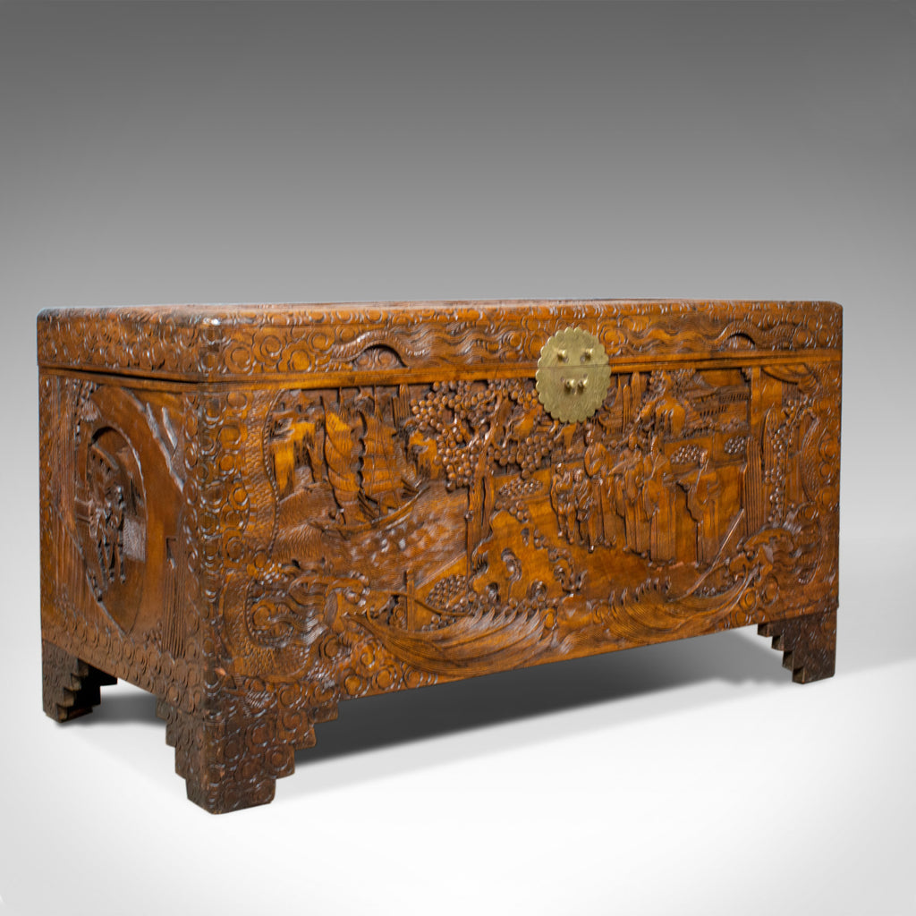 Vintage Camphor Wood Chest, Oriental Carved Scenes, Trunk, Circa 1940 - London Fine Antiques