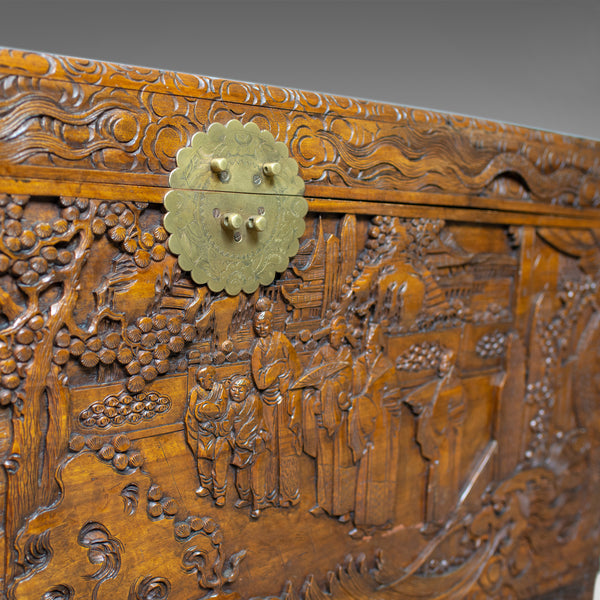 Vintage Camphor Wood Chest, Oriental Carved Scenes, Trunk, Circa 1940 - London Fine Antiques