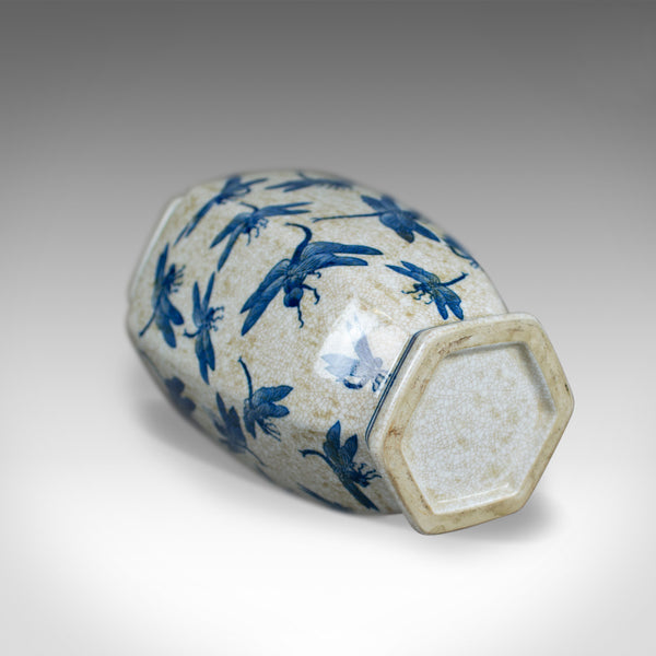 Vintage Chinese Baluster Vase, Oriental Hexagonal Blue & White, Dragonfly C20th - London Fine Antiques