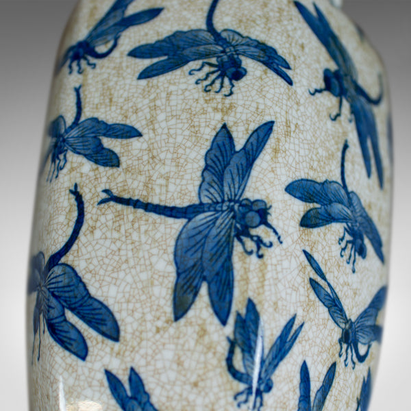 Vintage Chinese Baluster Vase, Oriental Hexagonal Blue & White, Dragonfly C20th - London Fine Antiques