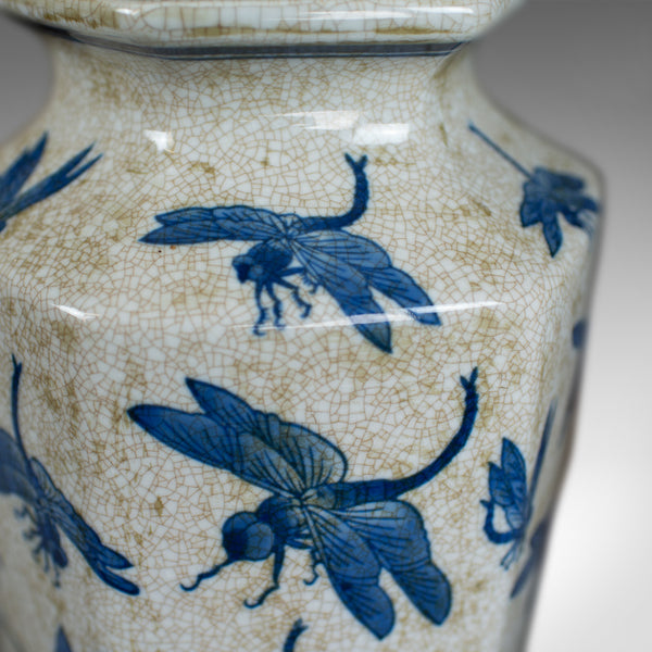 Vintage Chinese Baluster Vase, Oriental Hexagonal Blue & White, Dragonfly C20th - London Fine Antiques