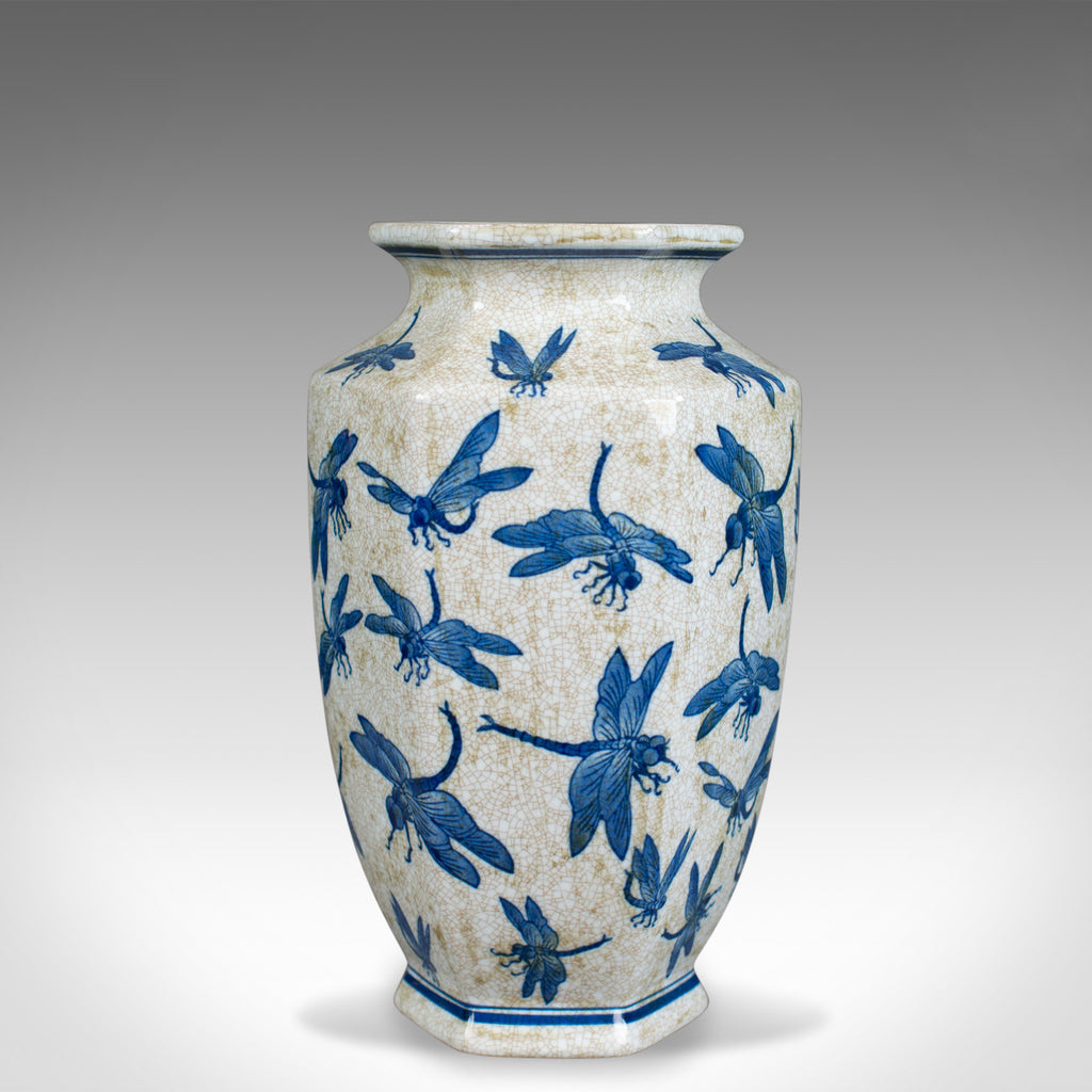 Vintage Chinese Baluster Vase, Oriental Hexagonal Blue & White, Dragonfly C20th - London Fine Antiques