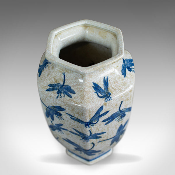 Vintage Chinese Baluster Vase, Oriental Hexagonal Blue & White, Dragonfly C20th - London Fine Antiques