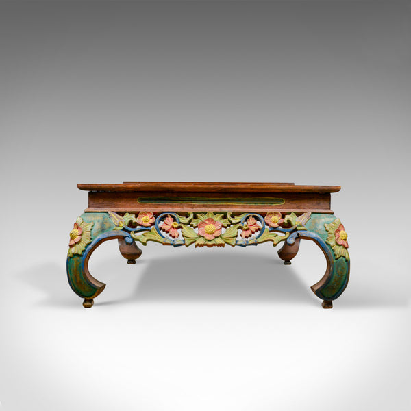 4 Foot Vintage Oriental Low Coffee Table, Hand Carved Painted Frieze, Late C20th - London Fine Antiques