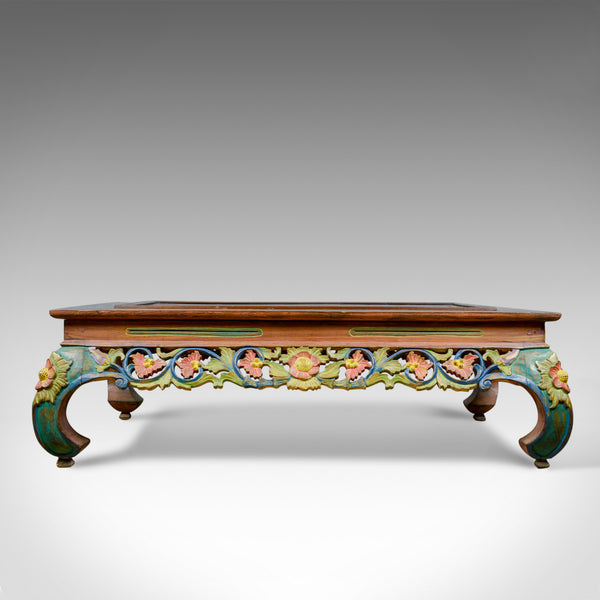 4 Foot Vintage Oriental Low Coffee Table, Hand Carved Painted Frieze, Late C20th - London Fine Antiques