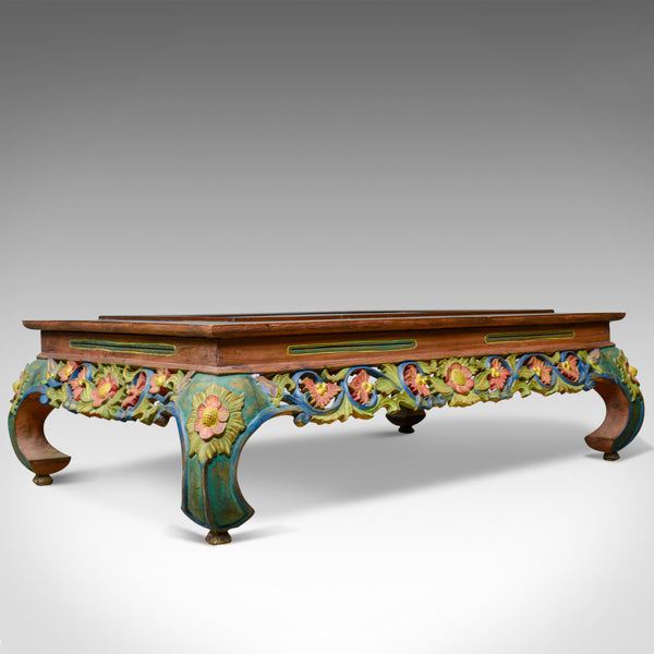 4 Foot Vintage Oriental Low Coffee Table, Hand Carved Painted Frieze, Late C20th - London Fine Antiques