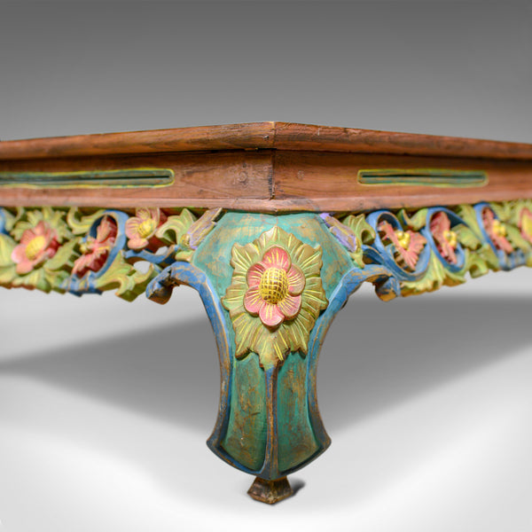 4 Foot Vintage Oriental Low Coffee Table, Hand Carved Painted Frieze, Late C20th - London Fine Antiques