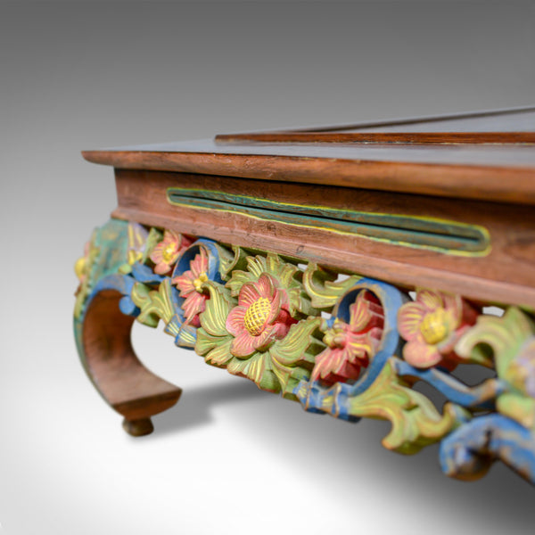 4 Foot Vintage Oriental Low Coffee Table, Hand Carved Painted Frieze, Late C20th - London Fine Antiques