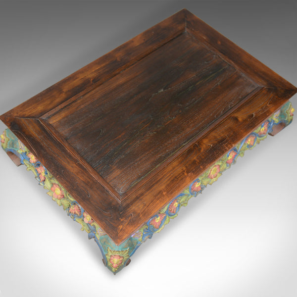 4 Foot Vintage Oriental Low Coffee Table, Hand Carved Painted Frieze, Late C20th - London Fine Antiques