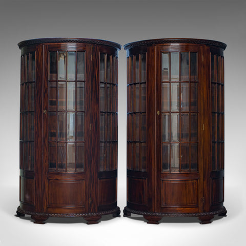Vintage Pair of Demi-Lune Display Cabinets, Mahogany, Bow-Front, Glazed, C20th - London Fine Antiques