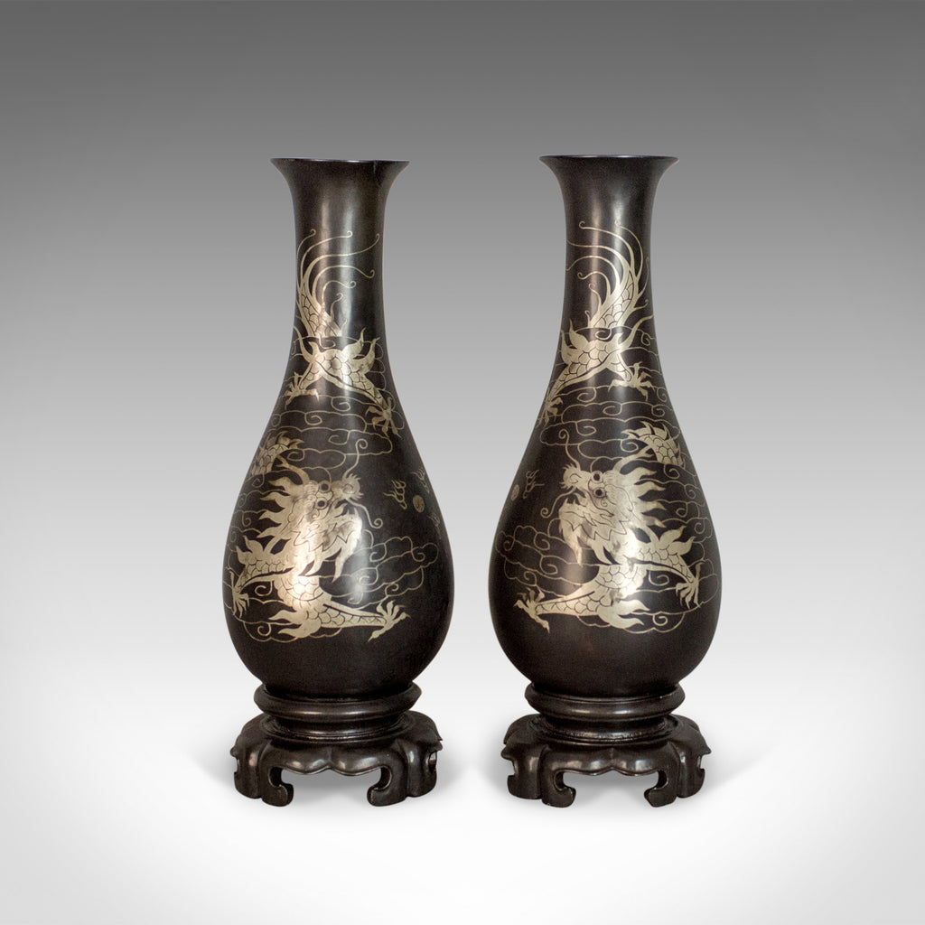 Vintage Pair of Lacquerware Vases, Chinese, 'Bodiless', Stem, Silver on Black - London Fine Antiques