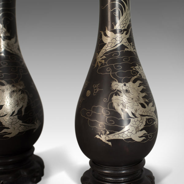 Vintage Pair of Lacquerware Vases, Chinese, 'Bodiless', Stem, Silver on Black - London Fine Antiques
