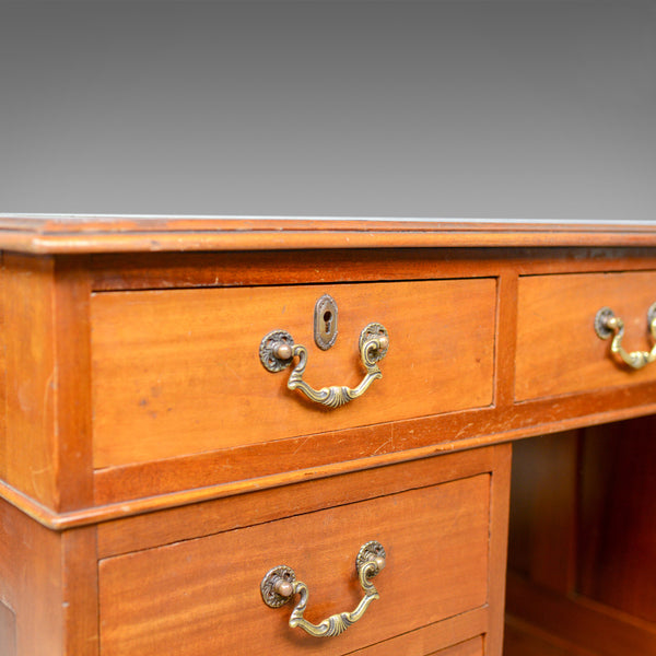 Vintage Pedestal Desk, English, Mahogany, Tooled Leather, Mid 20th Century - London Fine Antiques