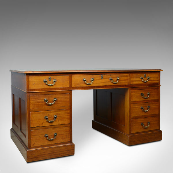 Vintage Pedestal Desk, English, Mahogany, Tooled Leather, Mid 20th Century - London Fine Antiques