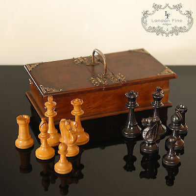 Antique Staunton Style Chess Pieces, Club Size c.1880, Ebony & Boxwood, English - London Fine Antiques